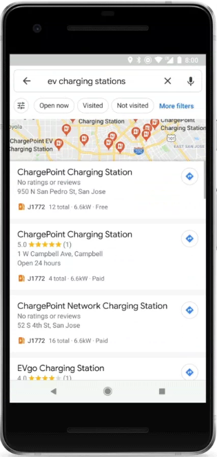 Google Maps EV charging stations search results