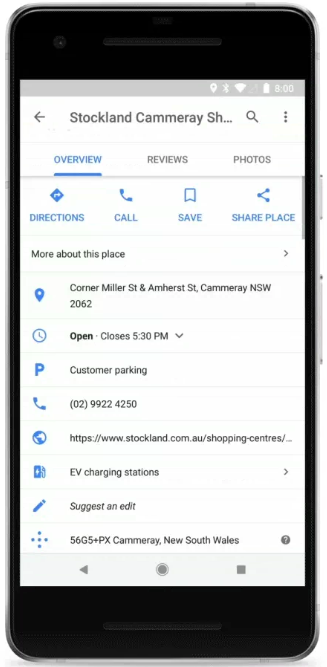 Google Maps EV charging stations Stockland Cammeray Shopping Center