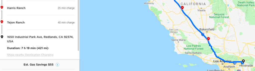 Tesla navigation map - Harris-Tejon-Redlands