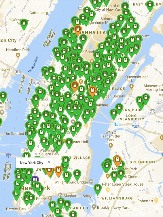 New York CIty PlugShare EV charger map