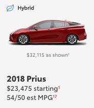 2018 Prius starting price as shown price